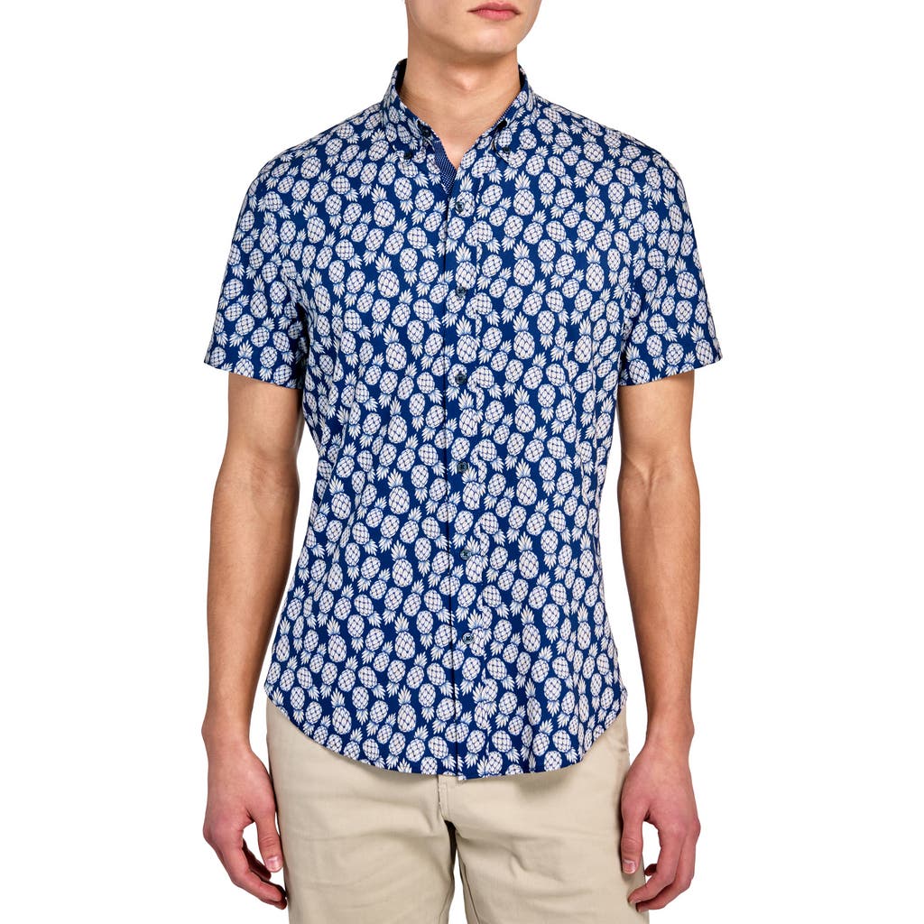 Construct Slim Fit 4-way Stretch Short Sleeve Button-up Shirt In Blue
