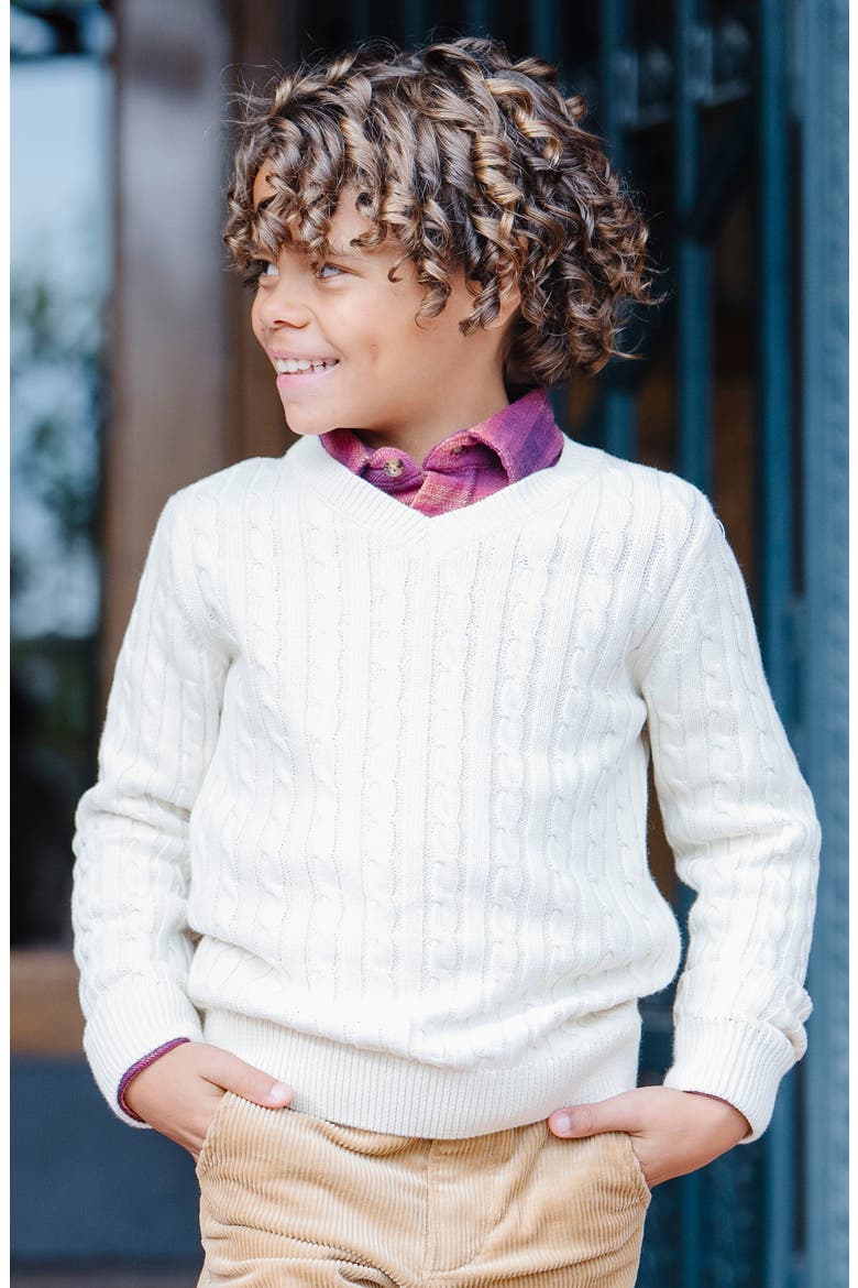 Kids' Organic Long Sleeve V-Neck Cable Sweater, Alternate, color, Ivory Cable