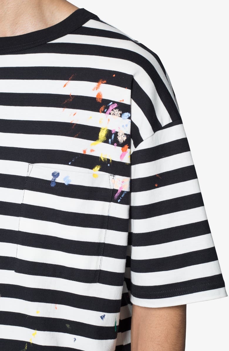 mnml Stripe Paint Splatter Cotton Pocket T-Shirt, Alternate, color, Black/ White