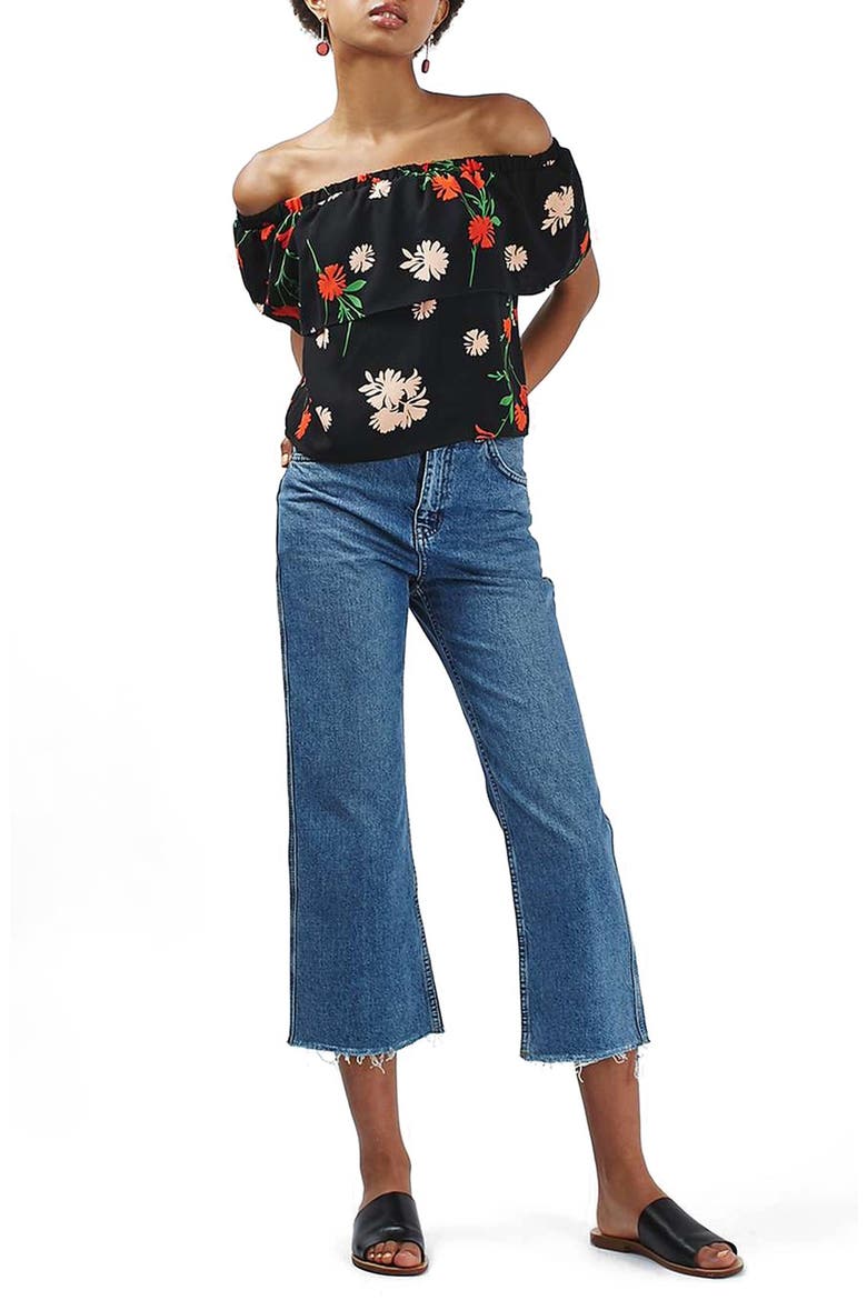 Pressed Floral Print Ruffle Bardot Top, Alternate, color, BLACK MULTI