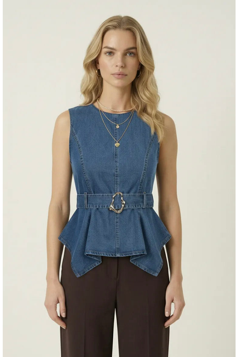 Belted Denim Peplum Top, Main, color, Blue