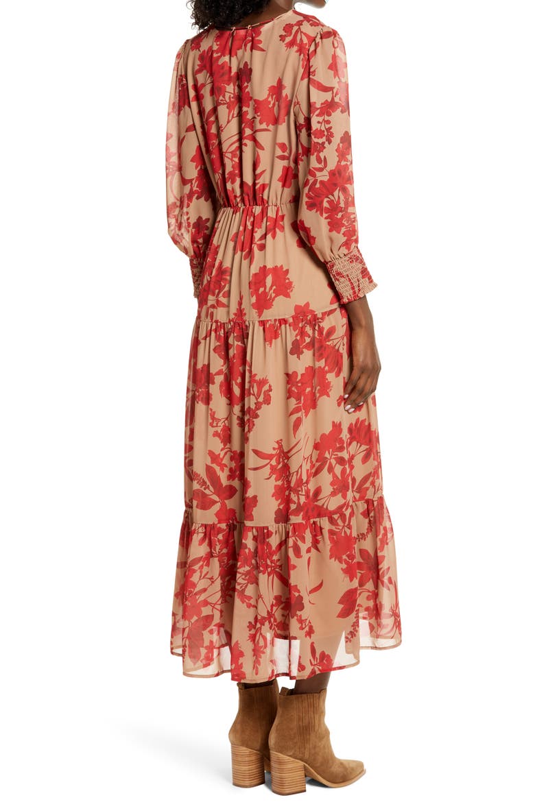 Floral Long Sleeve Tiered Midi Dress, Alternate, color, BROWN/ RED