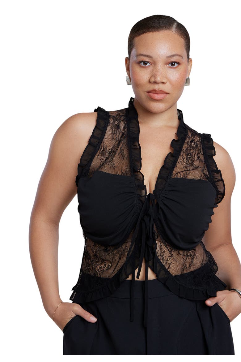 Ruffled Lace Top With Tie Detail, Main, color, BLACK ONYX
