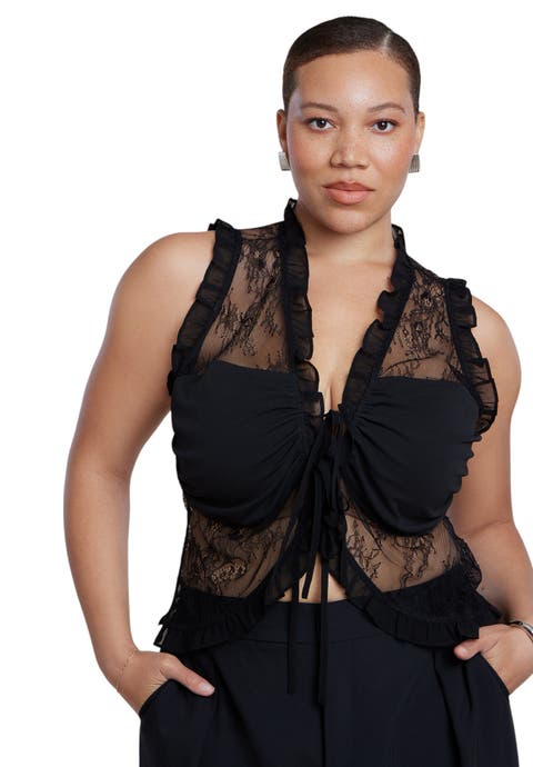 Ruffled Lace Top With Tie Detail