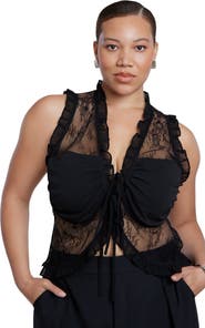 ELOQUII Ruffled Lace Top With Tie Detail