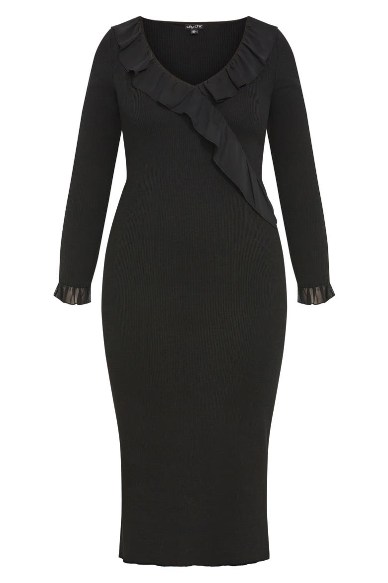 Auralie Ruffle Detail Long Sleeve Rib Sweater Dress, Alternate, color, BLACK
