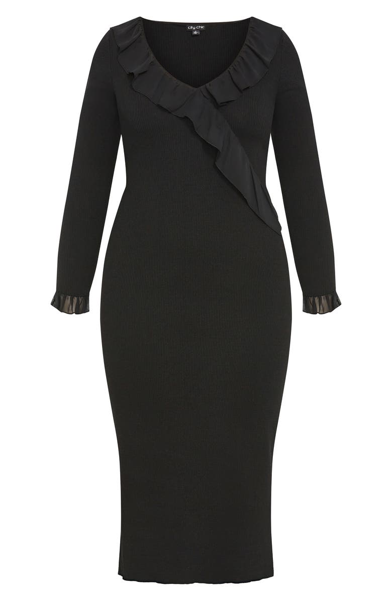 City Chic Auralie Ruffle Detail Long Sleeve Rib Sweater Dress, Main, color, Black