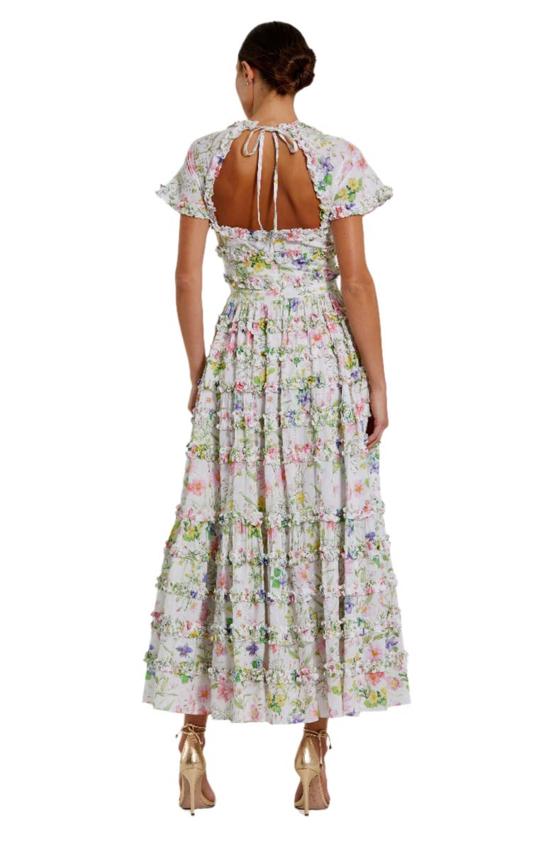 Mac Duggal Cap Sleeve V Neck Open Back Floral Cotton Dress, Alternate, color, White Multi