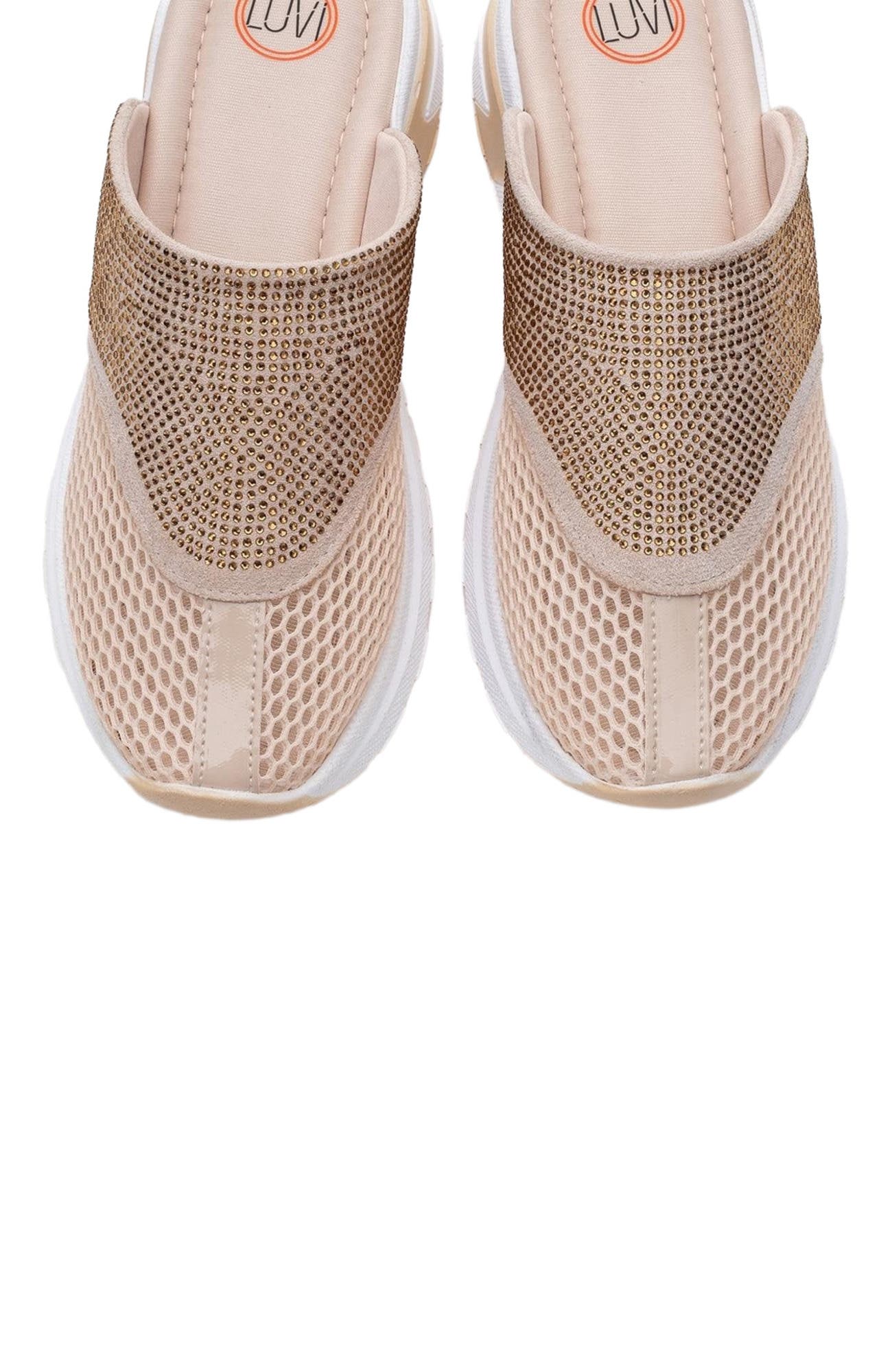 Prologue Shoes GLEA Mesh Rhinestone Mules, Alternate, color, Beige Faux Leather