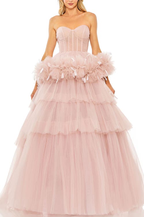 Mac Duggal Strapless Tulle Gown With Feather Detail In Rose