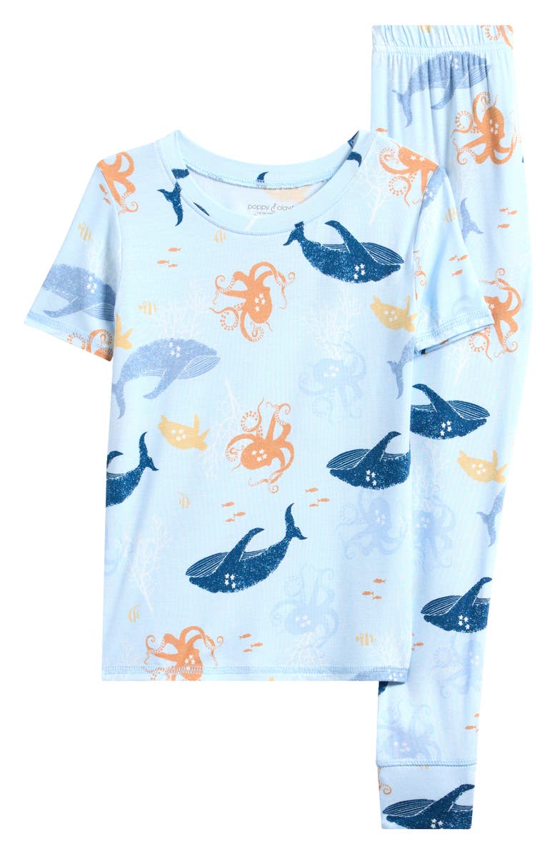 Poppy & Clay Kids' Zen Fitted Two-Piece Pajamas, Main, color, Blue Ground Sea Animals