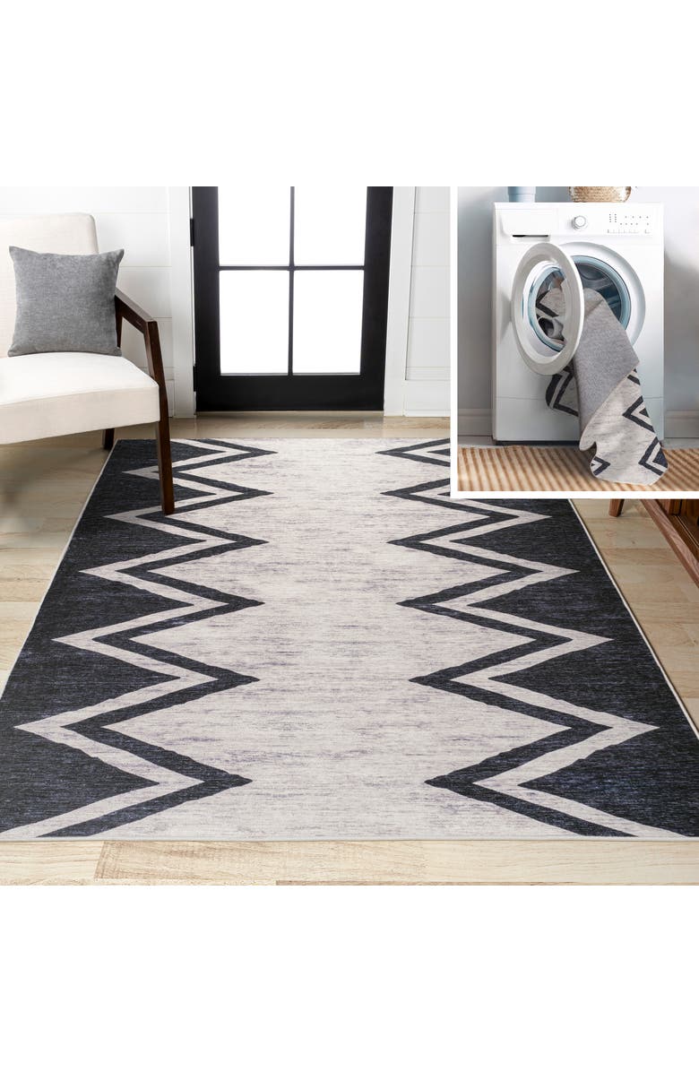 JONATHAN Y Siksak Modern Chevron Border Machine-Washable Area Rug, Main, color, Ivory/Navy