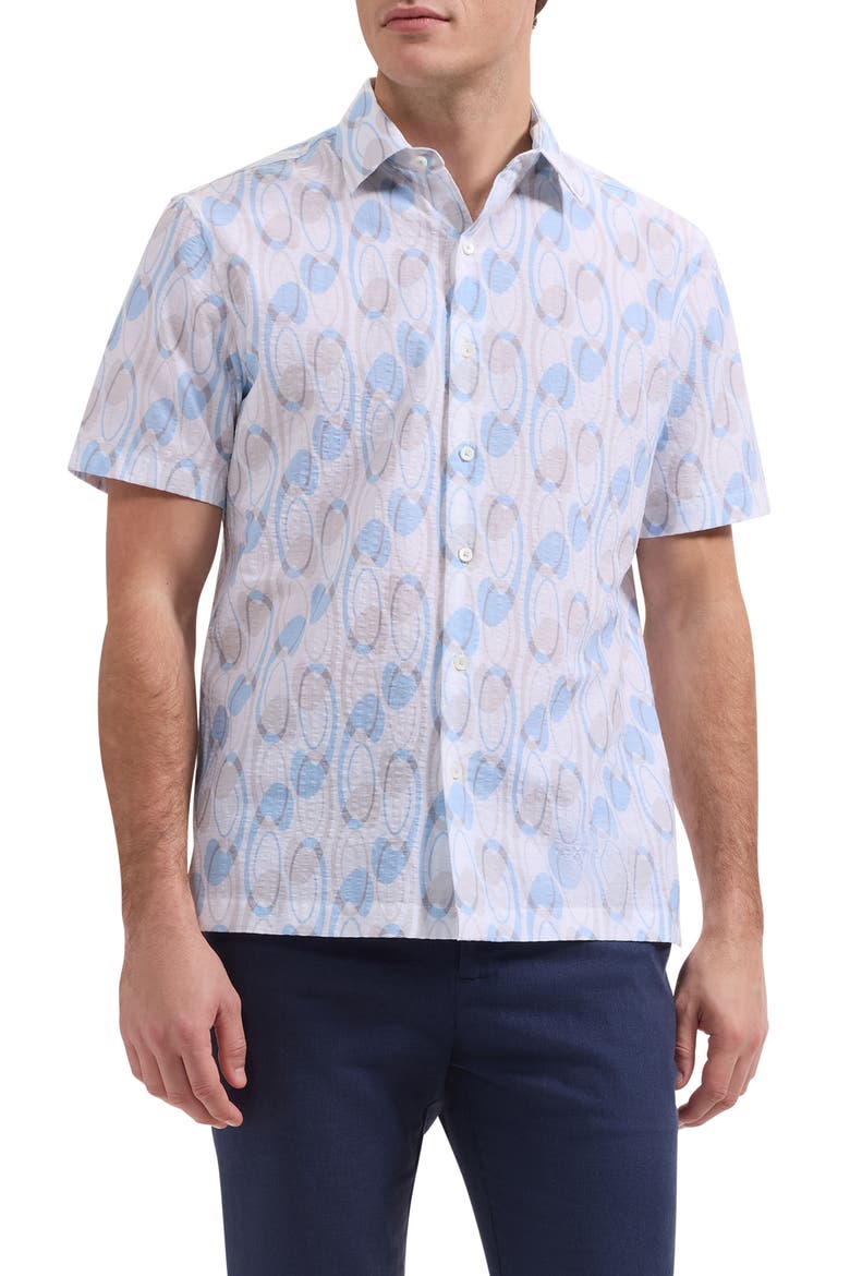 Vero Shaped Fit Geometric Print Short Sleeve Button-Up Shirt, Main, color, HAZY BLUE