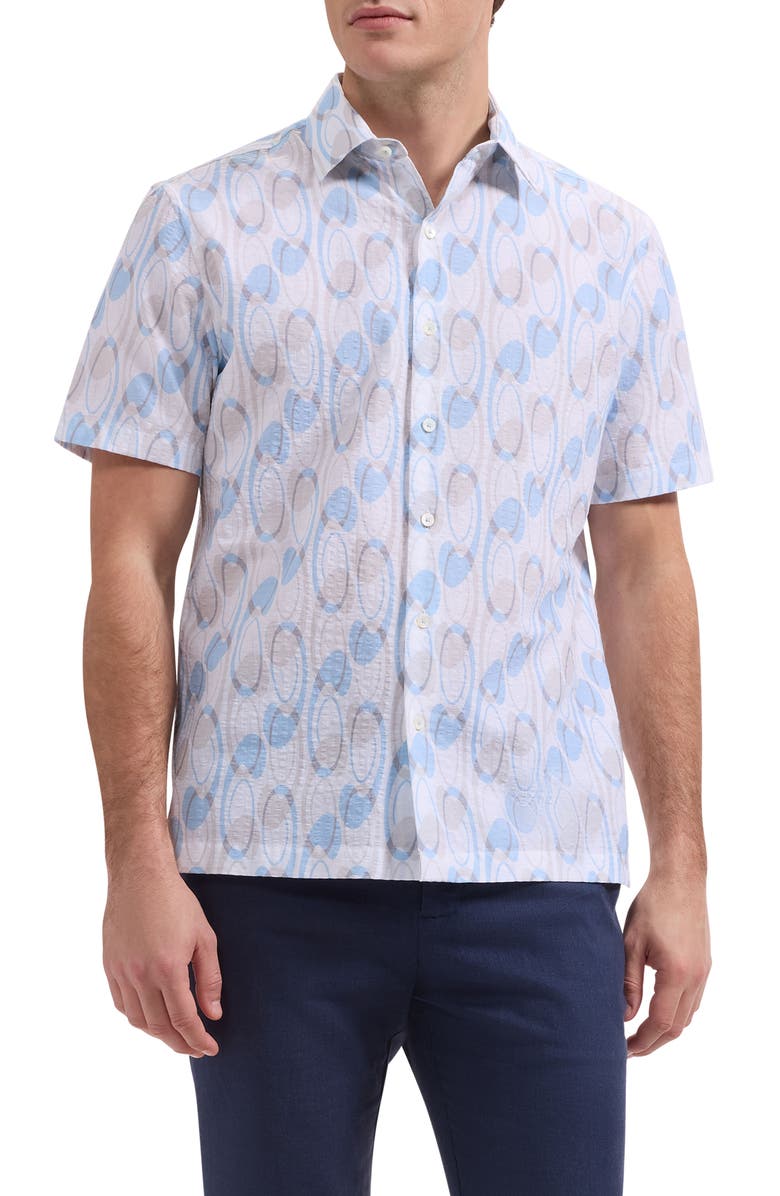 Bugatchi Vero Shaped Fit Geometric Print Short Sleeve Button-Up Shirt, Main, color, Hazy Blue