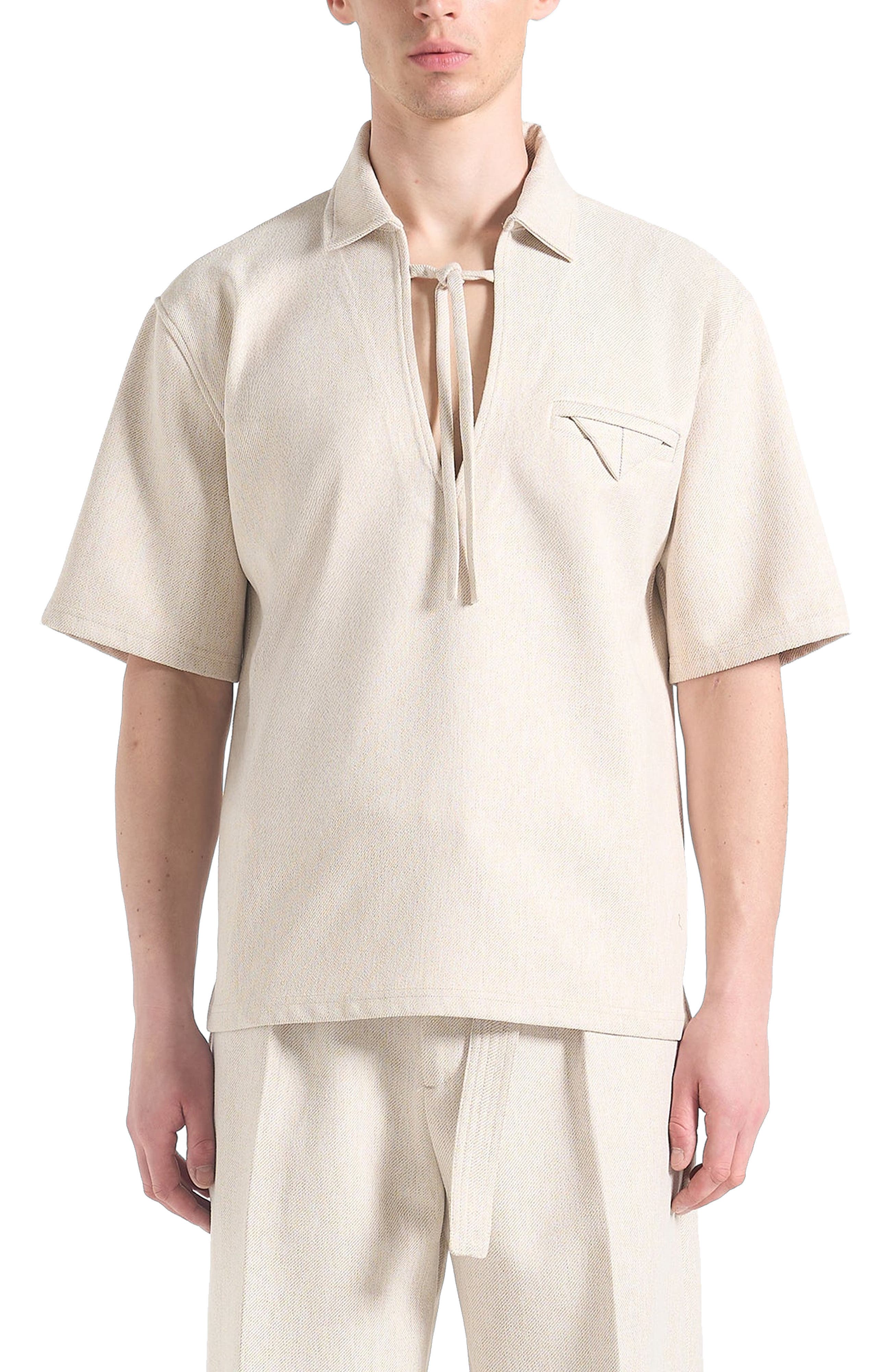 Norbert Open Collar Textured Drawstring Shirt
