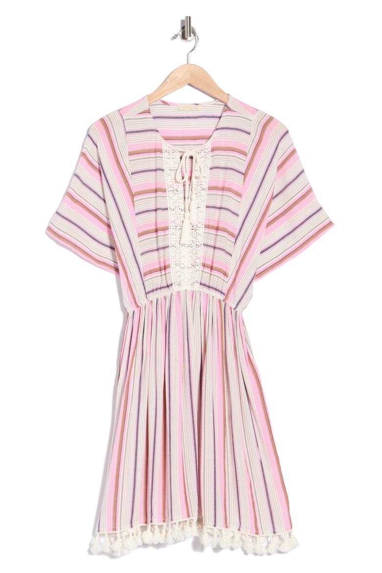 Lace Trim Short Sleeve Dress, Alternate, color, NATURAL/ PINK
