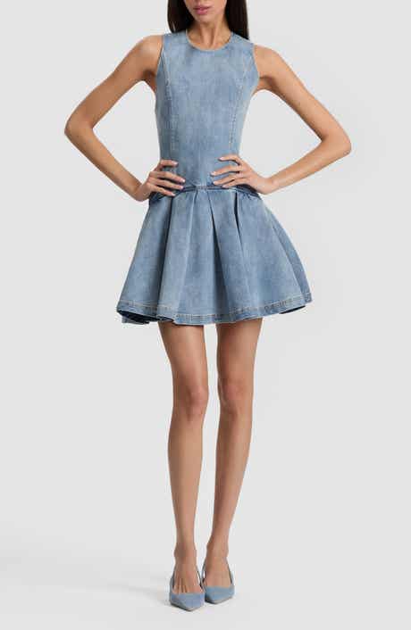 Alice + Olivia Adley Pleated Drop Waist Denim Minidress