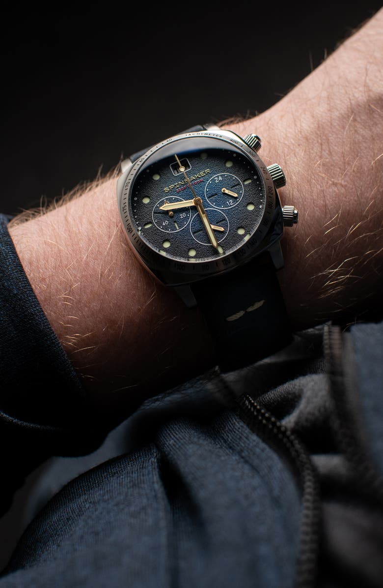 SPINNAKER Hull Chronograph Leather Strap Watch, 42mm, Alternate, color, Blue