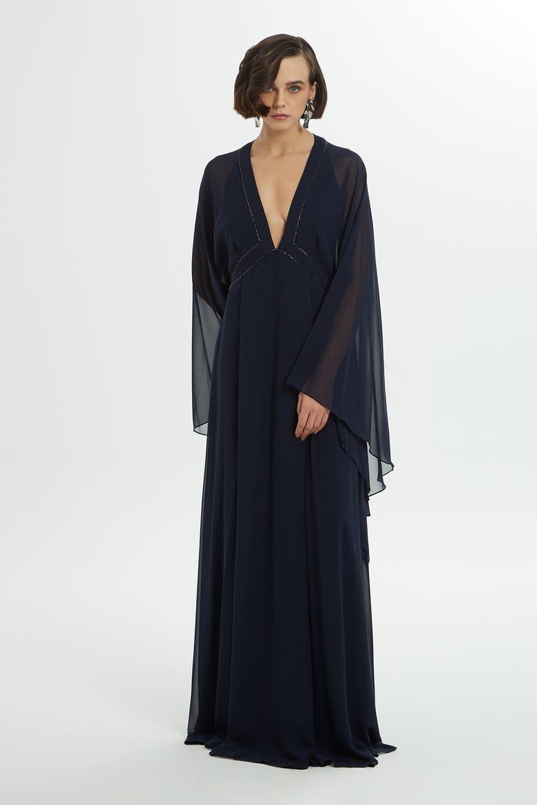 Bead-Embroidered Ruffle Sleeve Chiffon Dress, Main, color, Navy