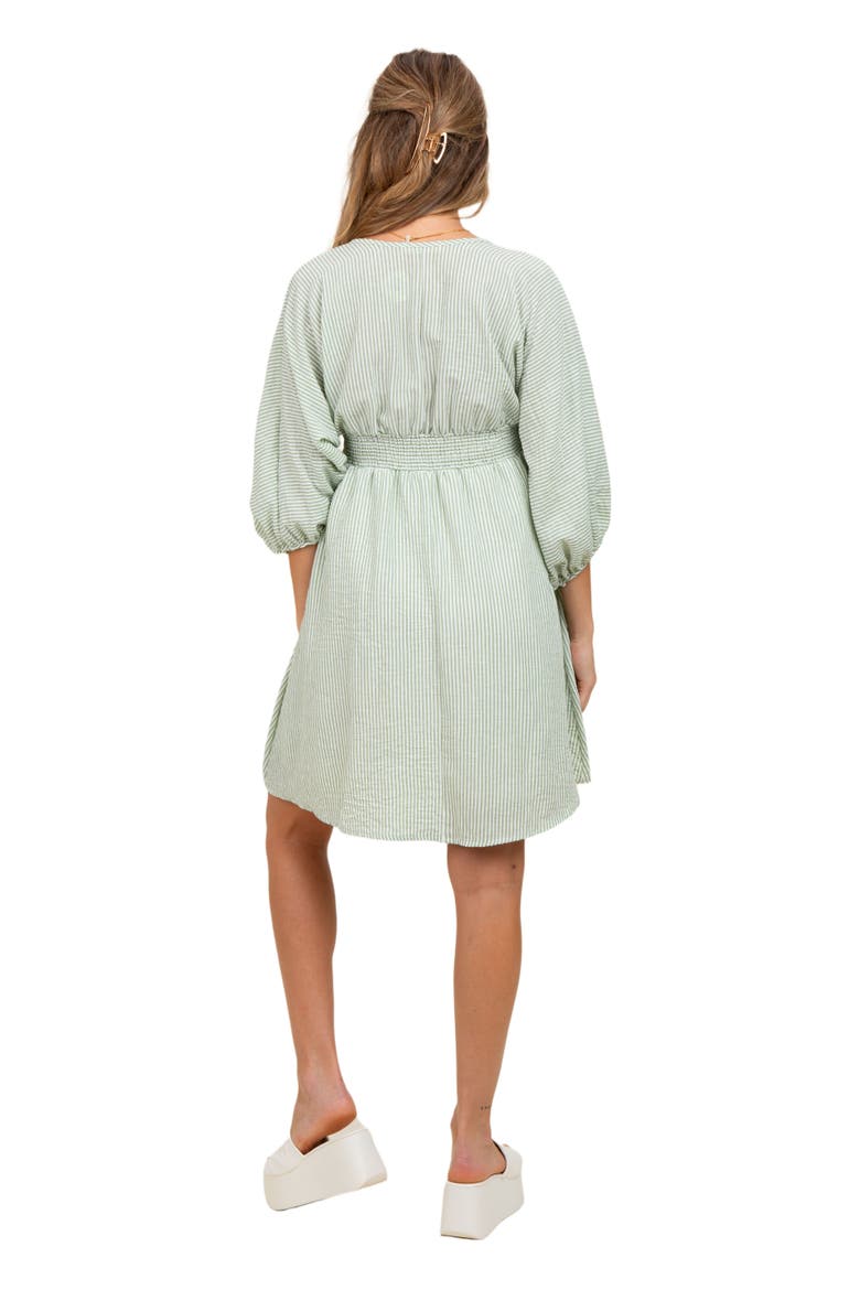 Striped Balloon Sleeve V-Neck Dress, Alternate, color, Light Olive
