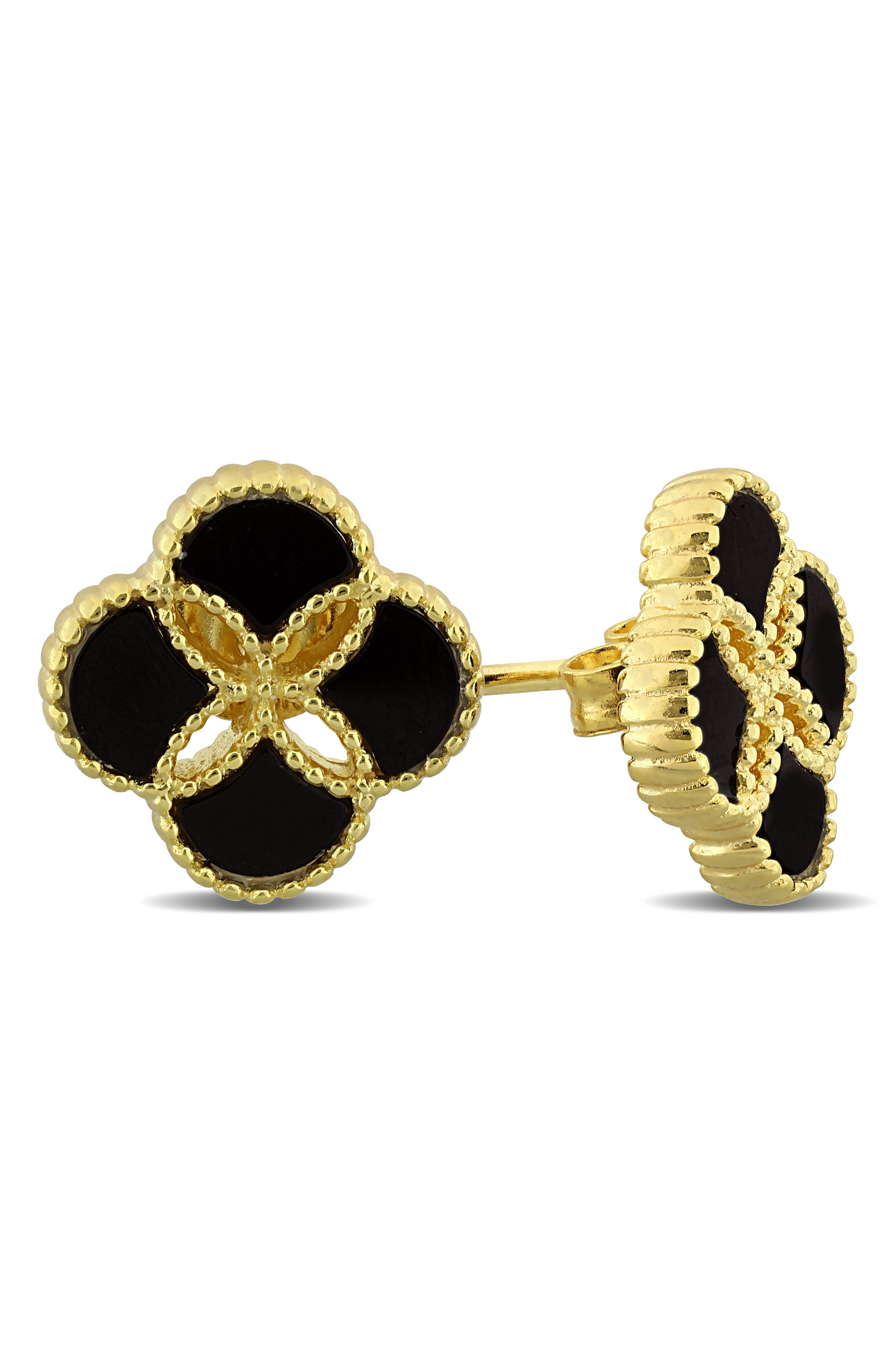 Black Agate Quatrefoil Stud Earrings