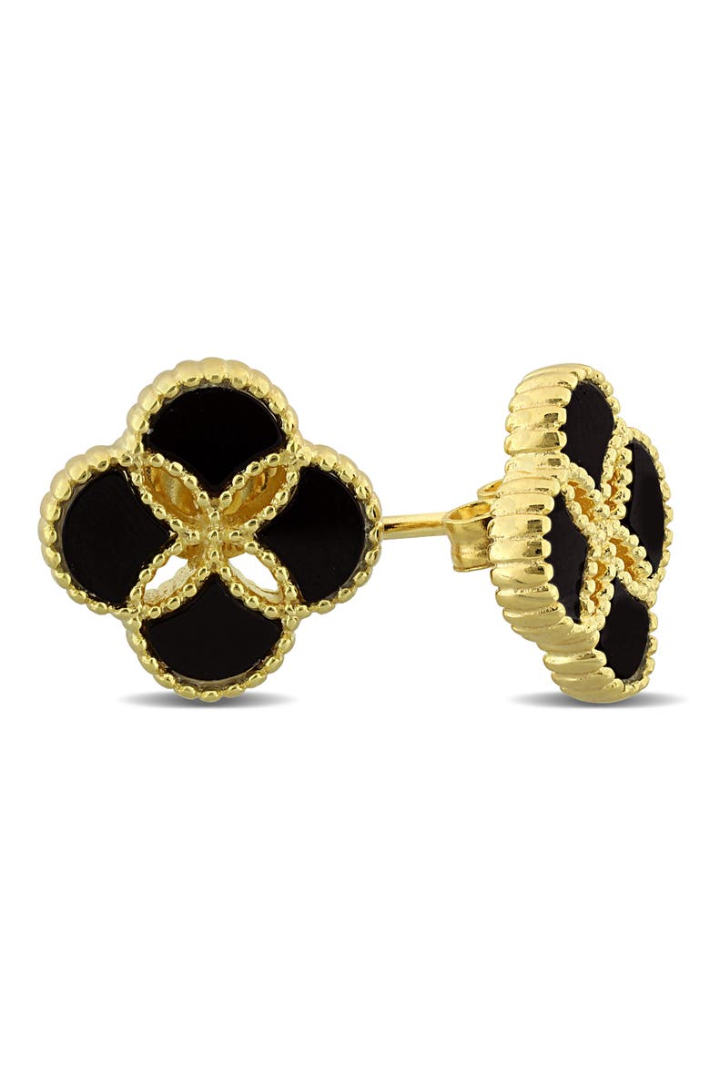 Black Agate Quatrefoil Stud Earrings, Main, color, BLACK