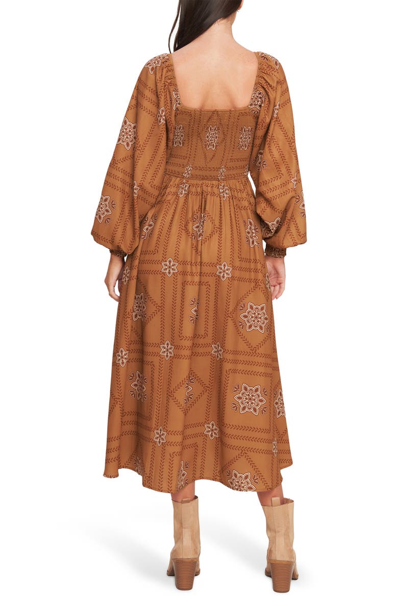 FLYING TOMATO Long Sleeve Print Midi Dress, Alternate, color, Camel
