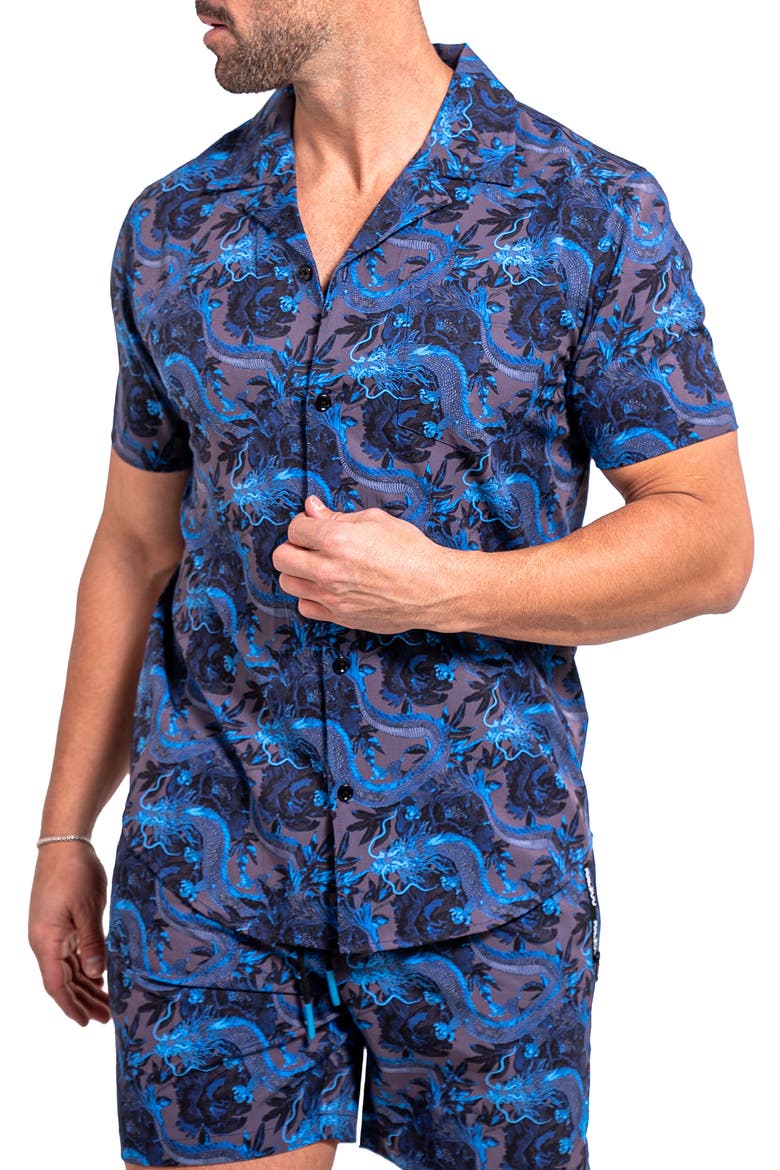 Beachdragon Blue Short Sleeve Cotton Button-Up Shirt, Alternate, color, BLUE