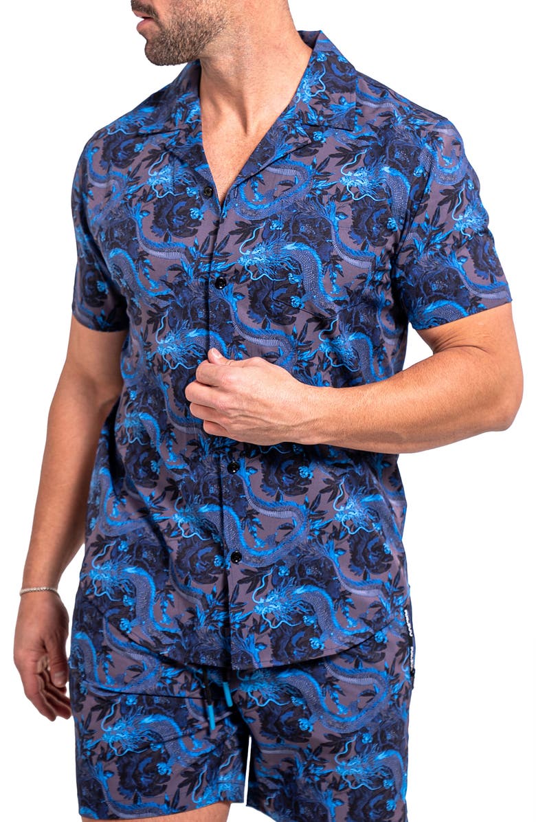 Maceoo Beachdragon Blue Short Sleeve Cotton Button-Up Shirt, Alternate, color, Blue