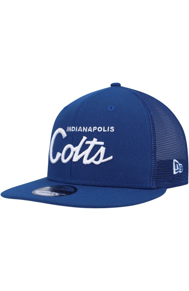 New Era Men's New Era Royal Indianapolis Colts Script 9FIFTY Trucker Snapback Hat, Main, color, 