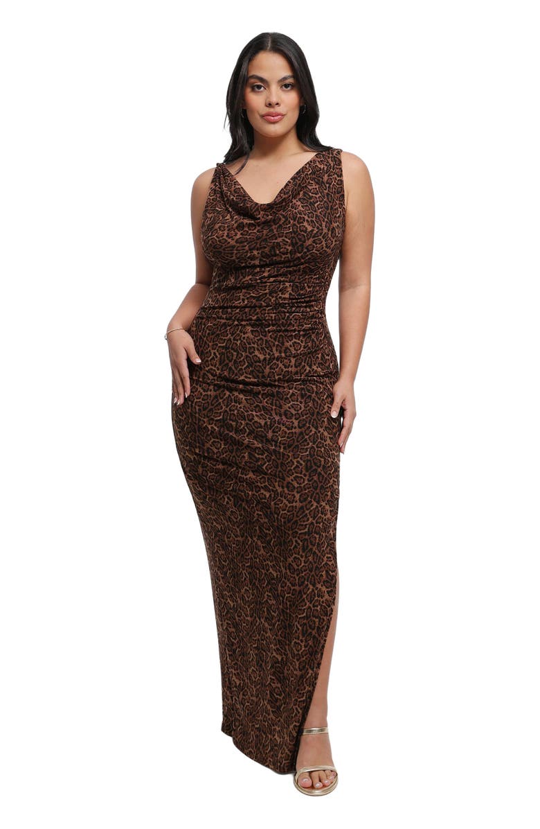Popilush Shapewear Cowl Neck Leopard Ruched Sculpting Maxi Dress, Main, color, Leopard Brown