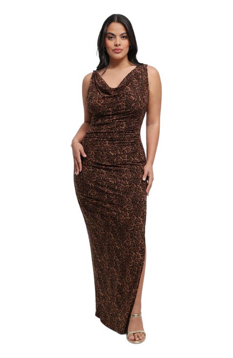 Shapewear Cowl Neck Leopard Ruched Sculpting Maxi Dress