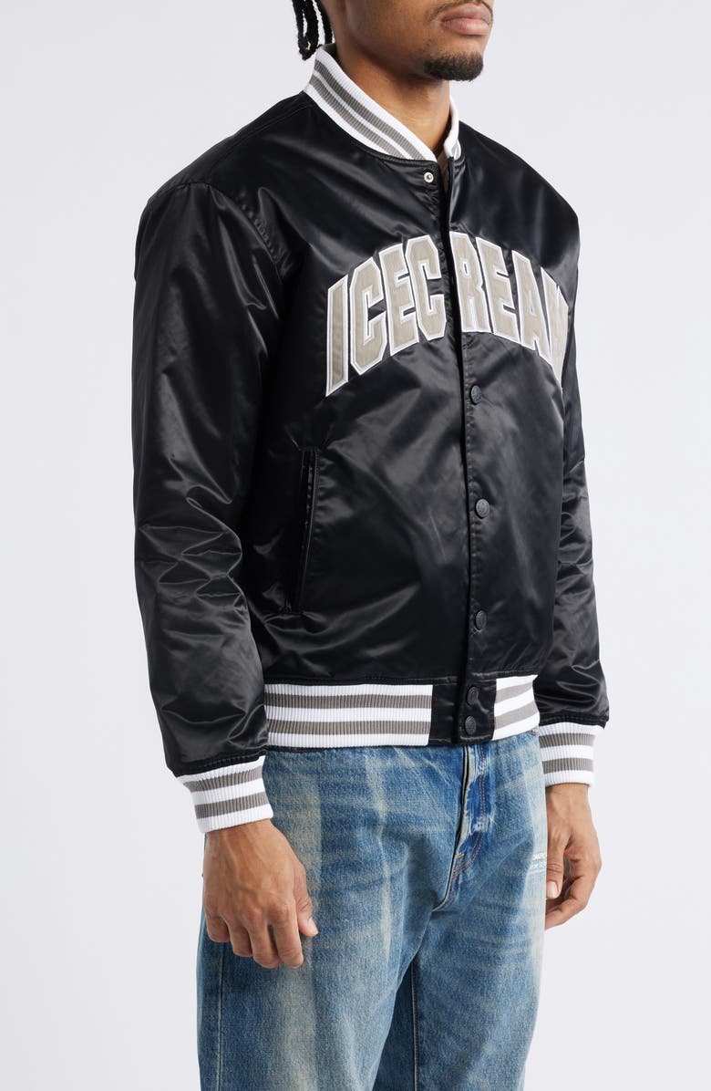 ICECREAM University Satin Graphic Snap-Up Jacket, Alternate, color, Black