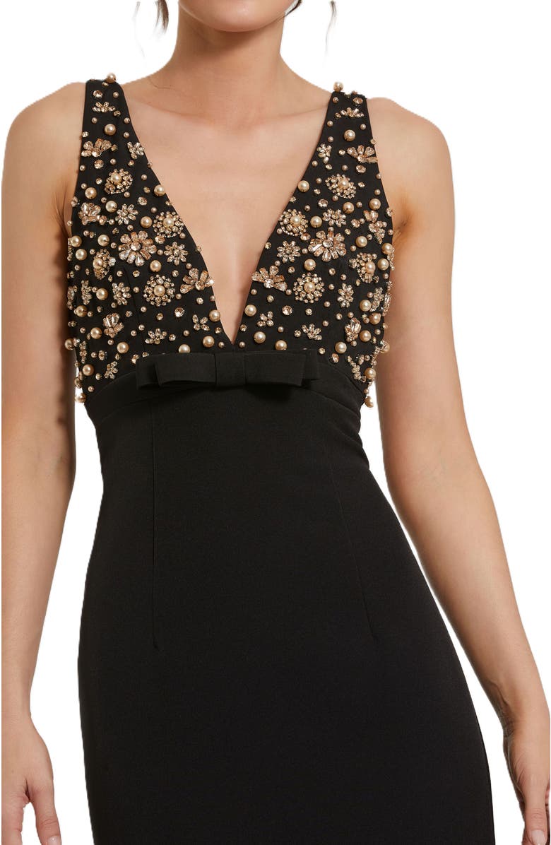 Mac Duggal Crepe Sleeveless Beaded V Neck Gown With Bow, Alternate, color, Black