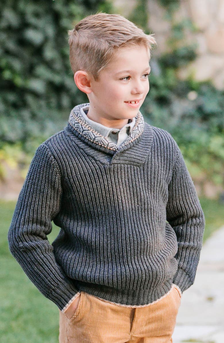 Hope & Henry Kids' Organic Long Sleeve Shawl Collar Sweater with Intarsia Detail, Alternate, color, Charcoal Heather With Detail