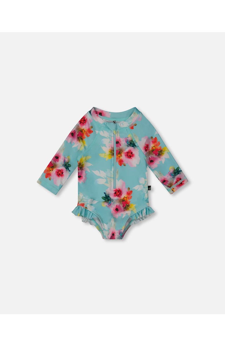 Deux par Deux Little Girl's Printed One-Piece Rashguard With Frills Turquoise And Pink Flowers, Main, color,