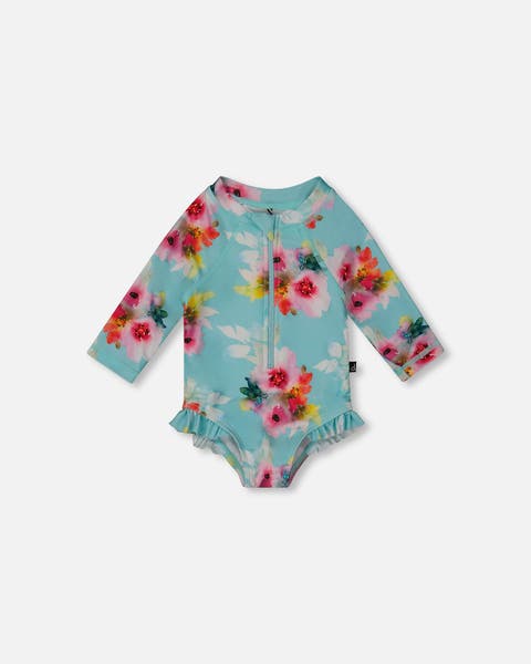 Little Girl's Printed One-Piece Rashguard With Frills Turquoise And Pink Flowers