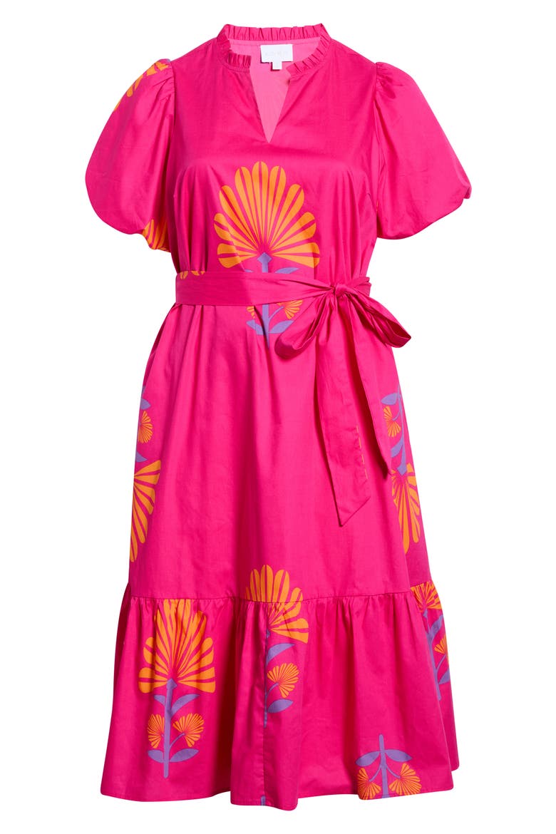 Melian Puff Sleeve Tie Belt Cotton Midi Dress, Alternate, color, FUCHSIA-ORANGE