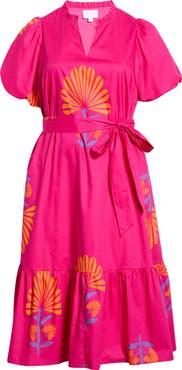 SUGARLIPS Melian Puff Sleeve Tie Belt Cotton Midi Dress