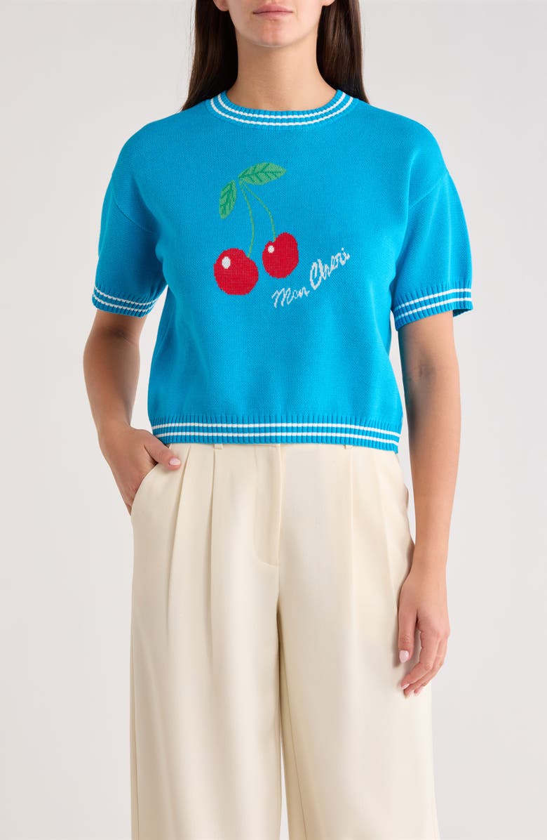SUGARLIPS Brissy Cherry Short Sleeve Sweater, Main, color, Blue