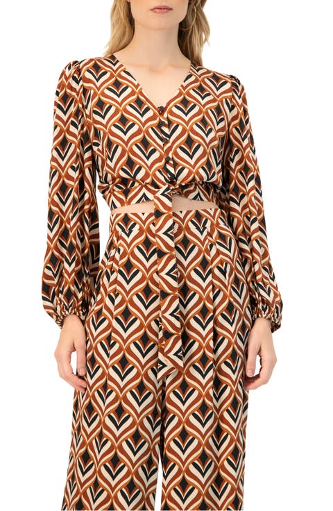 V-Neck Geometric Print Blouse with Bottom Tie