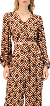 IVONNE V-Neck Geometric Print Blouse with Bottom Tie