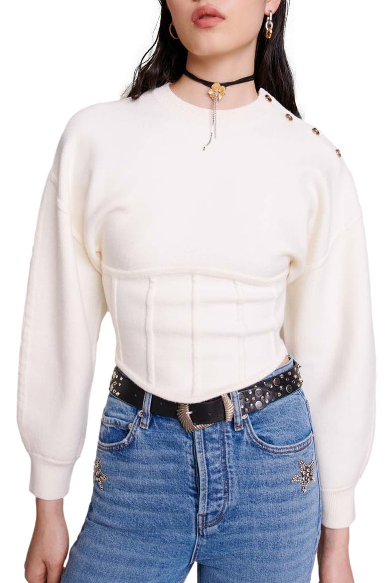Crop Lantern Sleeve Corset Detail Sweater, Alternate, color, ECRU