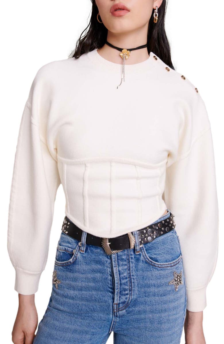 maje Crop Lantern Sleeve Corset Detail Sweater, Alternate, color,
