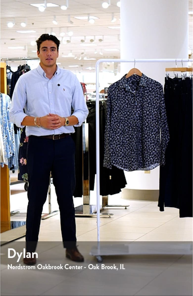 Julian Shaped Fit Leaf Print Stretch Cotton Button-Up Shirt, sales video thumbnail