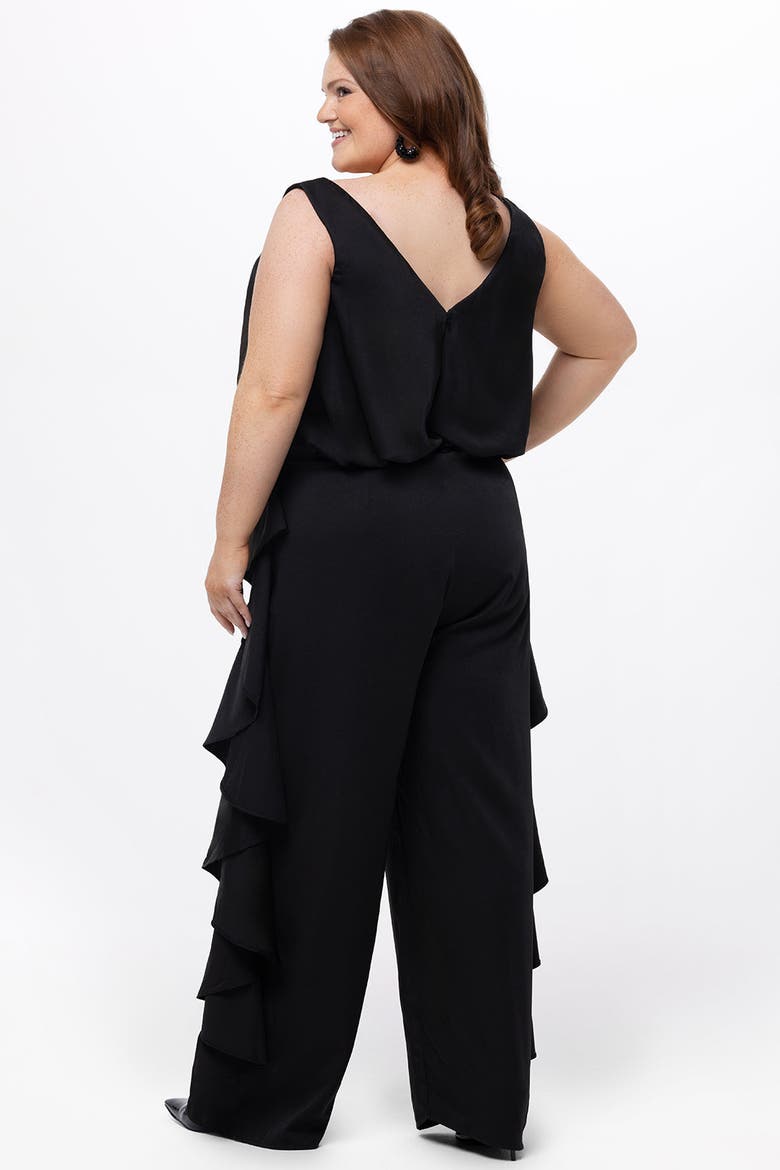 V-Neck Stretch Satin Plus Size Jumpsuit with Ruffles, Alternate, color, Black