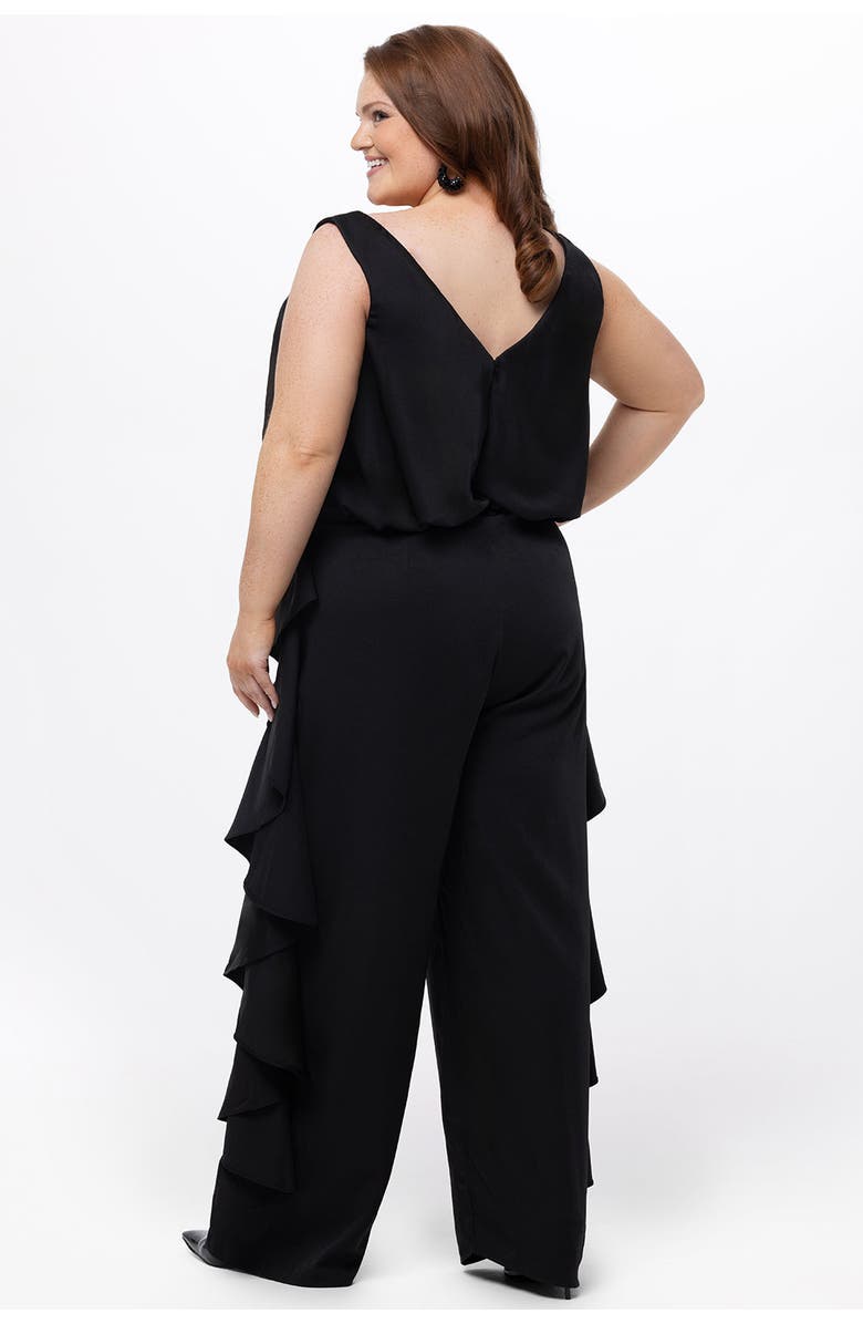 Celebrations by Sydney's Closet V-Neck Stretch Satin Plus Size Jumpsuit with Ruffles, Alternate, color, Black