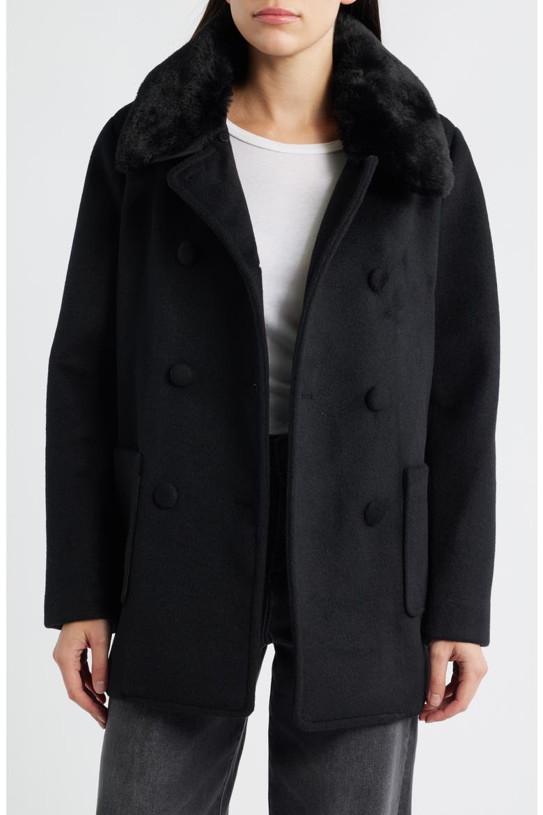 Faux Fur Collar Double Breasted Coat, Alternate, color, BLACK