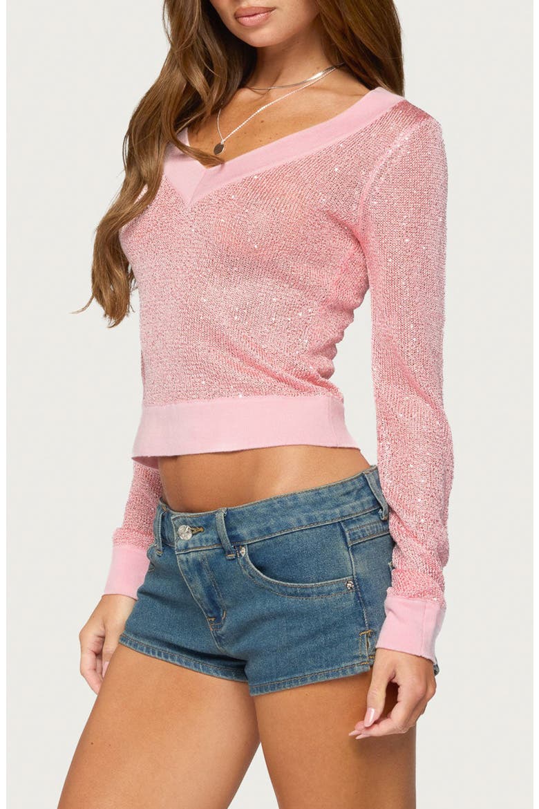 Acey Sequined V-Neck Sweater, Alternate, color, PINK