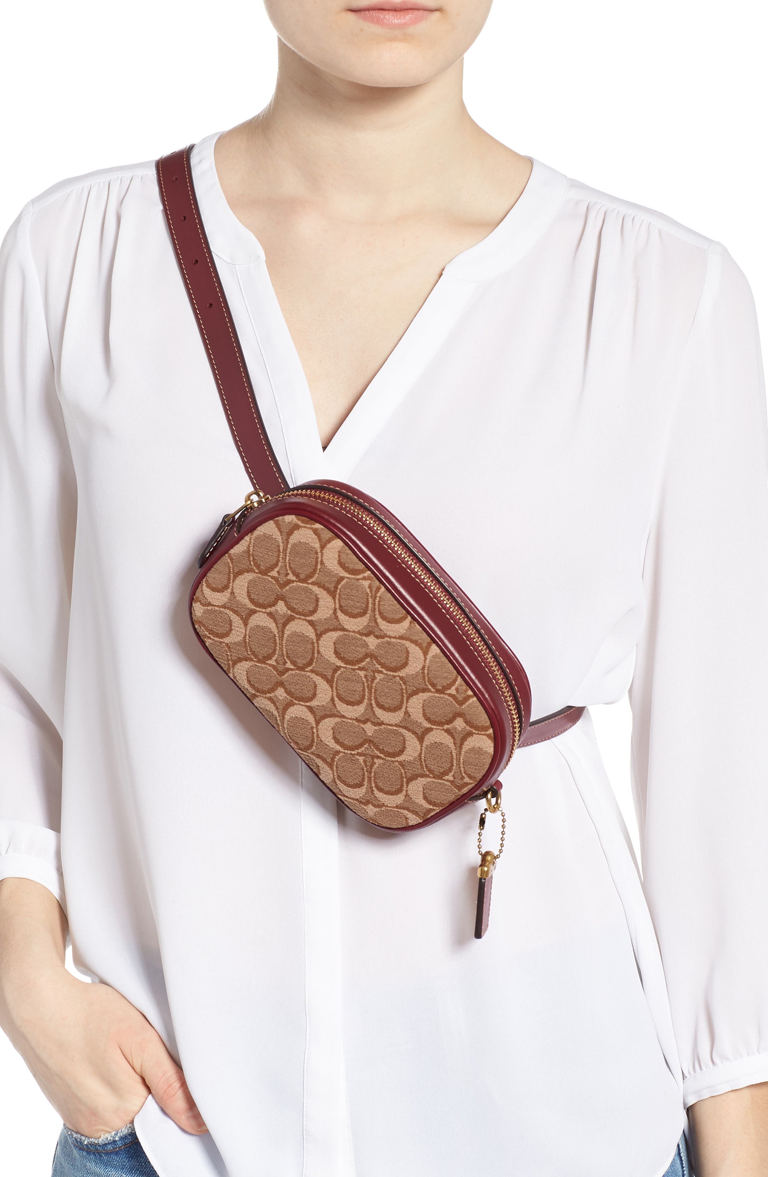 COACH Signature Jacquard & Leather Belt Bag, Alternate, color, 